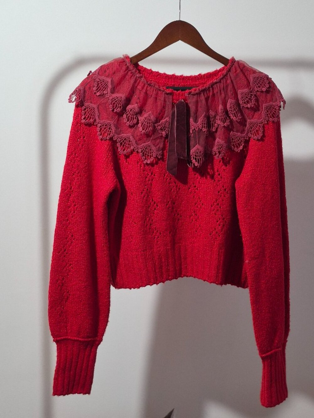 Free People Hold Me Closer Sweater L Red Garnet Lace Collar Velvet Bow Cropped